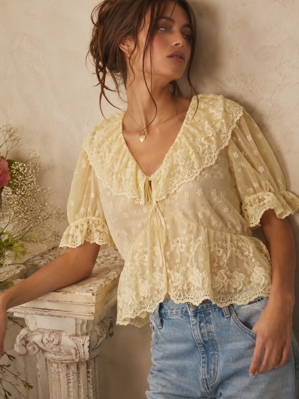 Altar'd State Butter Yellow Lace-Trim Sheer Blouse
